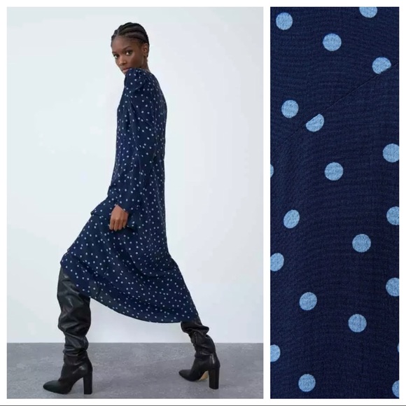 NWT. Zara Blue Polka Dots Midi Dress. Size L. - Picture 4 of 10